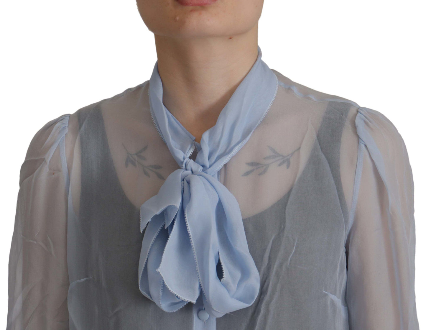  - Elegant Silk Ascot Collar Blouse in Light Blue