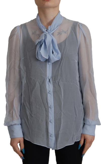  - Elegant Silk Ascot Collar Blouse in Light Blue