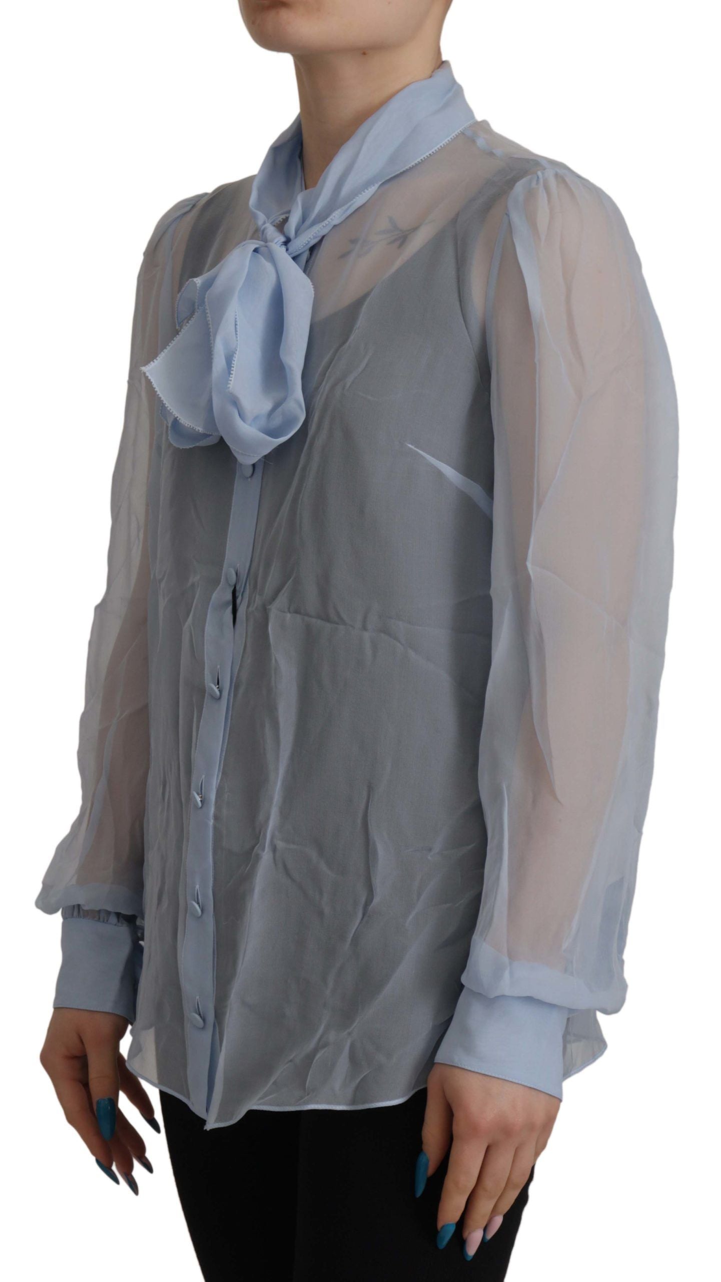  - Elegant Silk Ascot Collar Blouse in Light Blue