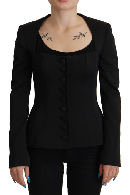  - Sleek Black Snap Jacket with Silk Lining