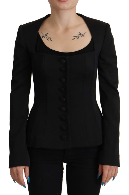  - Sleek Black Snap Jacket with Silk Lining