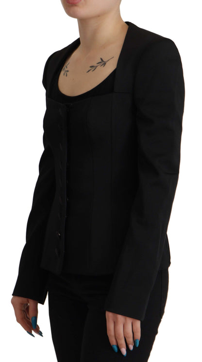  - Sleek Black Snap Jacket with Silk Lining