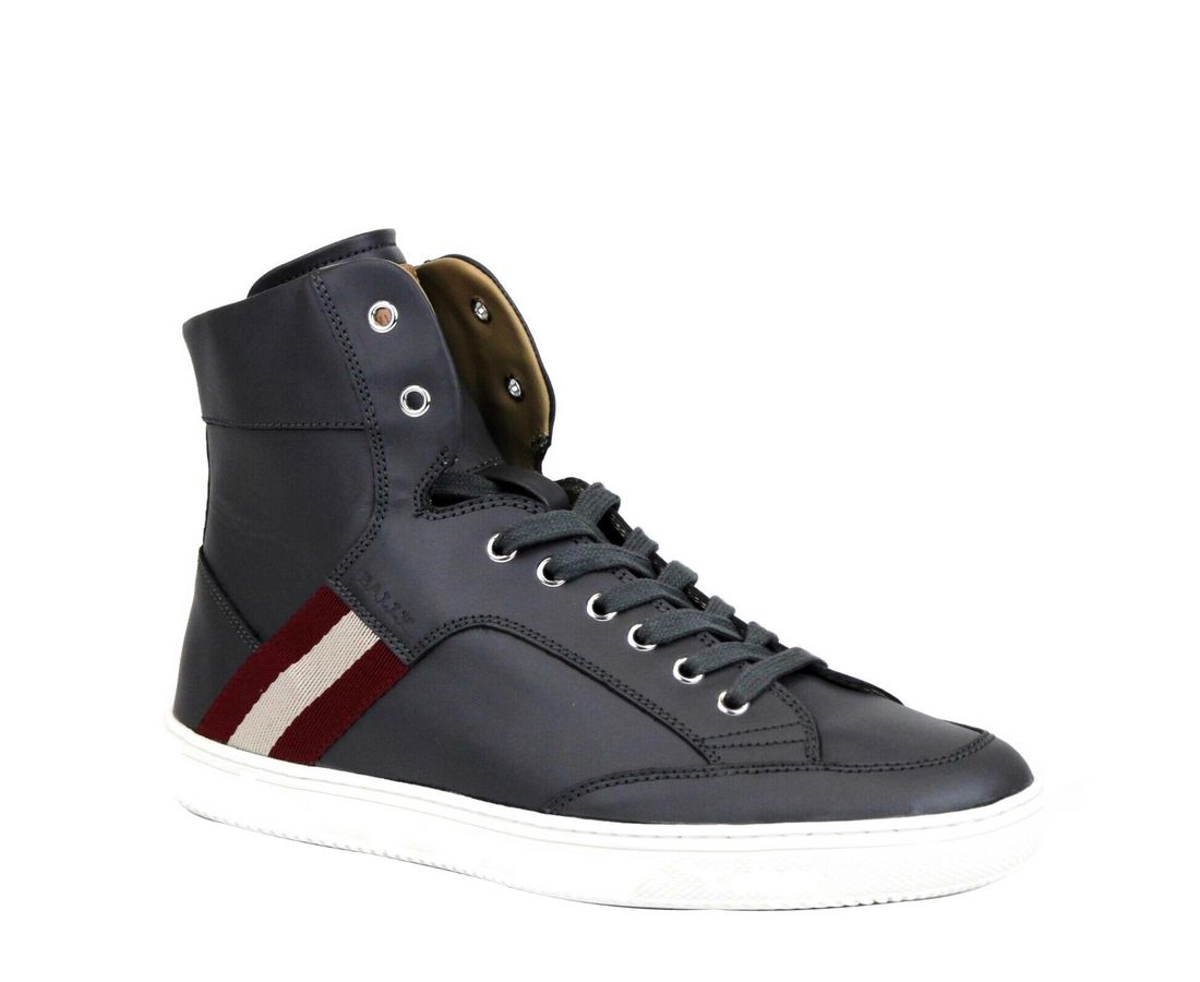  - Dark Grey Calf Leather Hi Top Sneaker With Red Beige