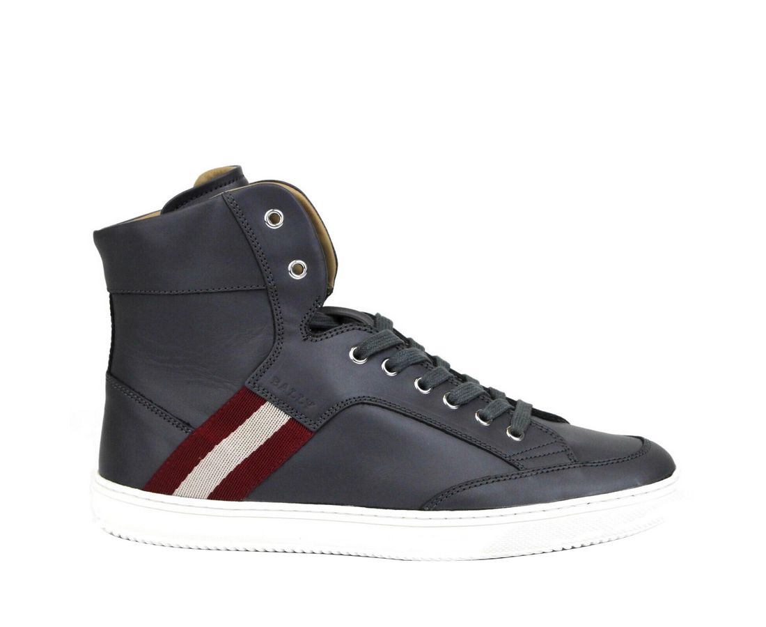  - Dark Grey Calf Leather Hi Top Sneaker With Red Beige