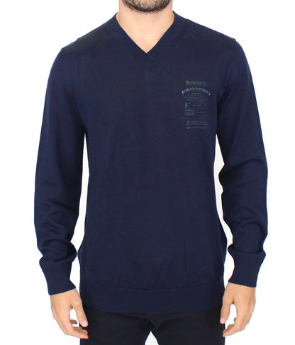  - Elegant Blue V-Neck Wool Blend Pullover