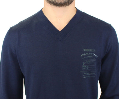  - Elegant Blue V-Neck Wool Blend Pullover