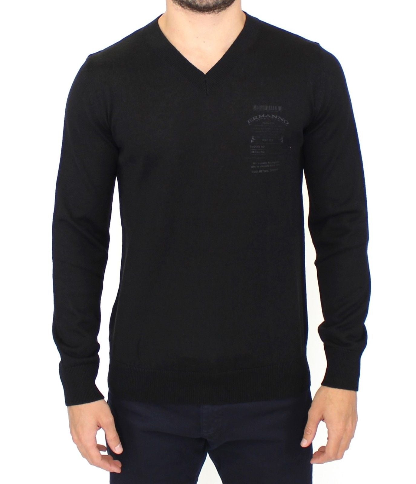  - Elegant Black V-Neck Wool Blend Sweater