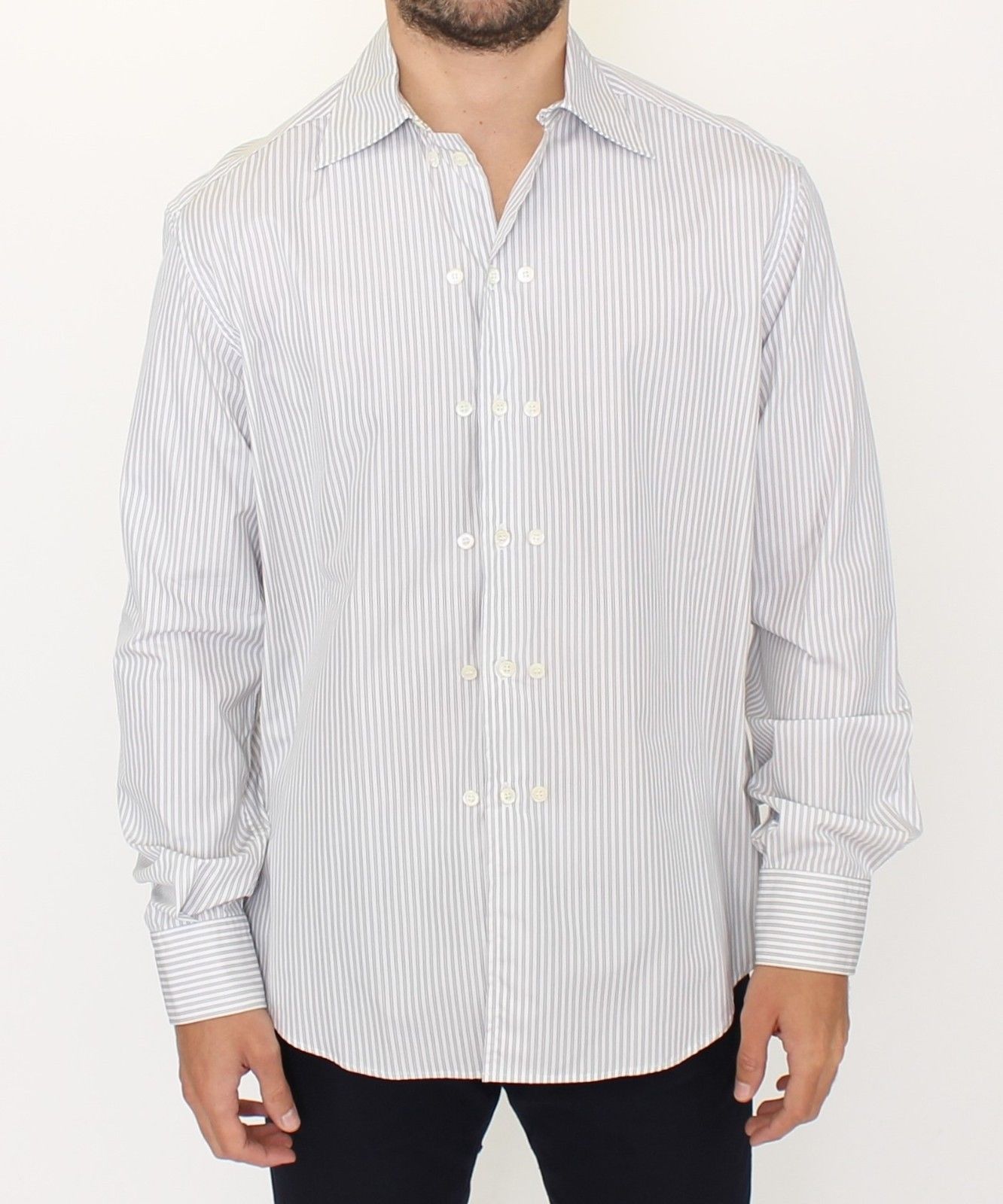  - Elegant White and Gray Striped Cotton Shirt