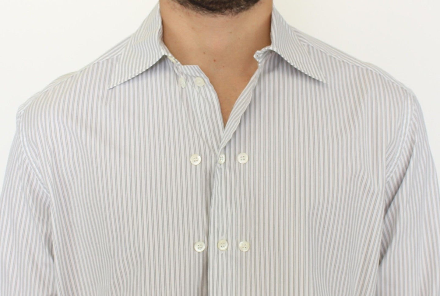  - Elegant White and Gray Striped Cotton Shirt