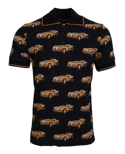  - Elegant Car Print Polo T-Shirt in Black