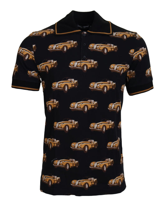  - Elegant Car Print Polo T-Shirt in Black