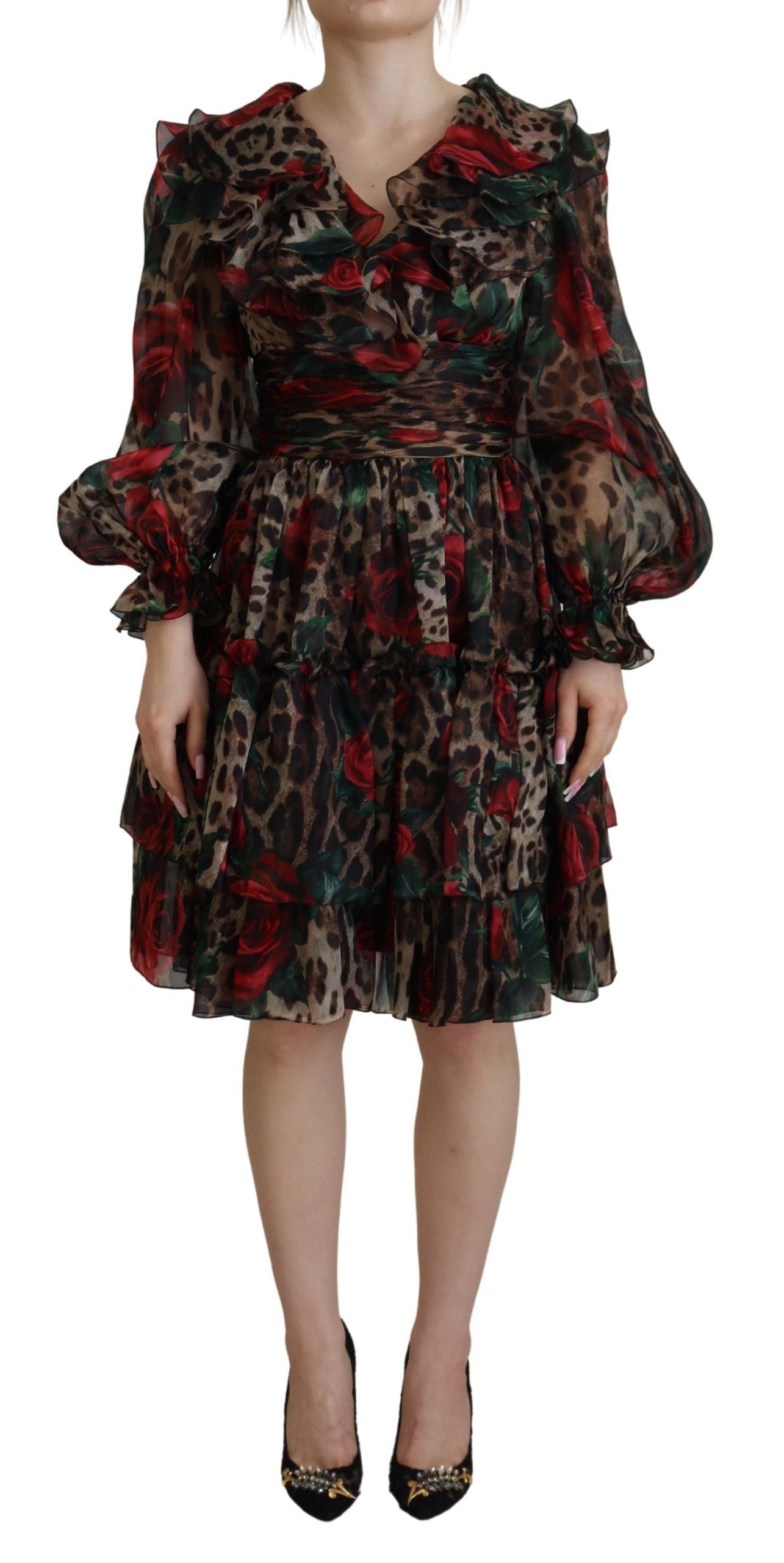  - Silk Leopard Print & Red Roses Dress