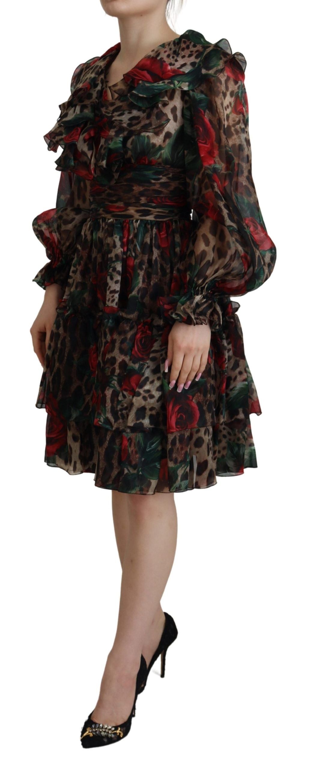  - Silk Leopard Print & Red Roses Dress