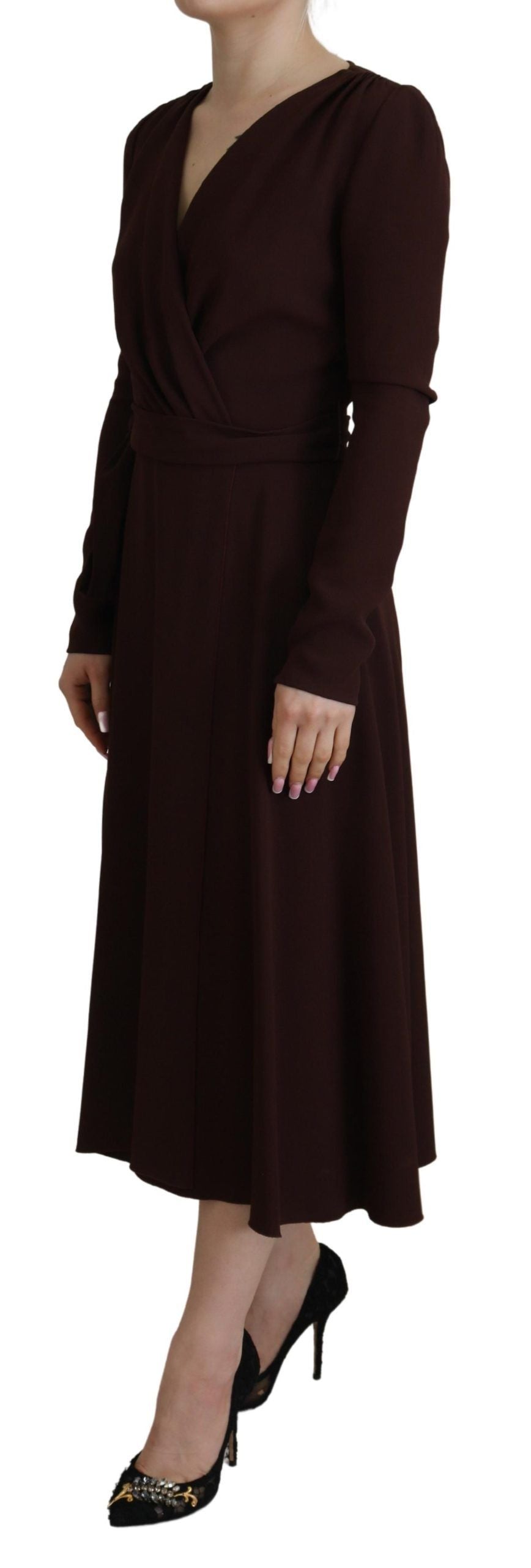  - Elegant Brown Long Sleeve Wrap Dress