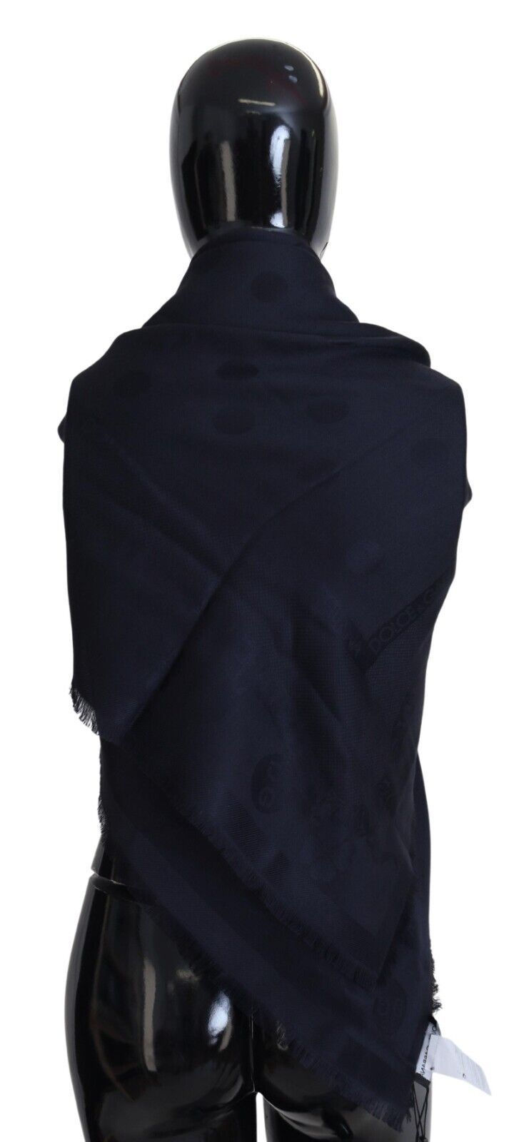  - Elegant Silk-Wool Fringed Scarf in Dark Blue