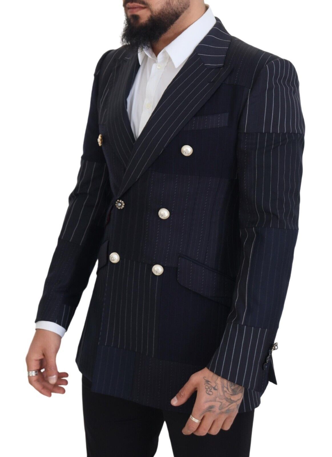  - Navy Blue Double Breasted Slim Fit Blazer