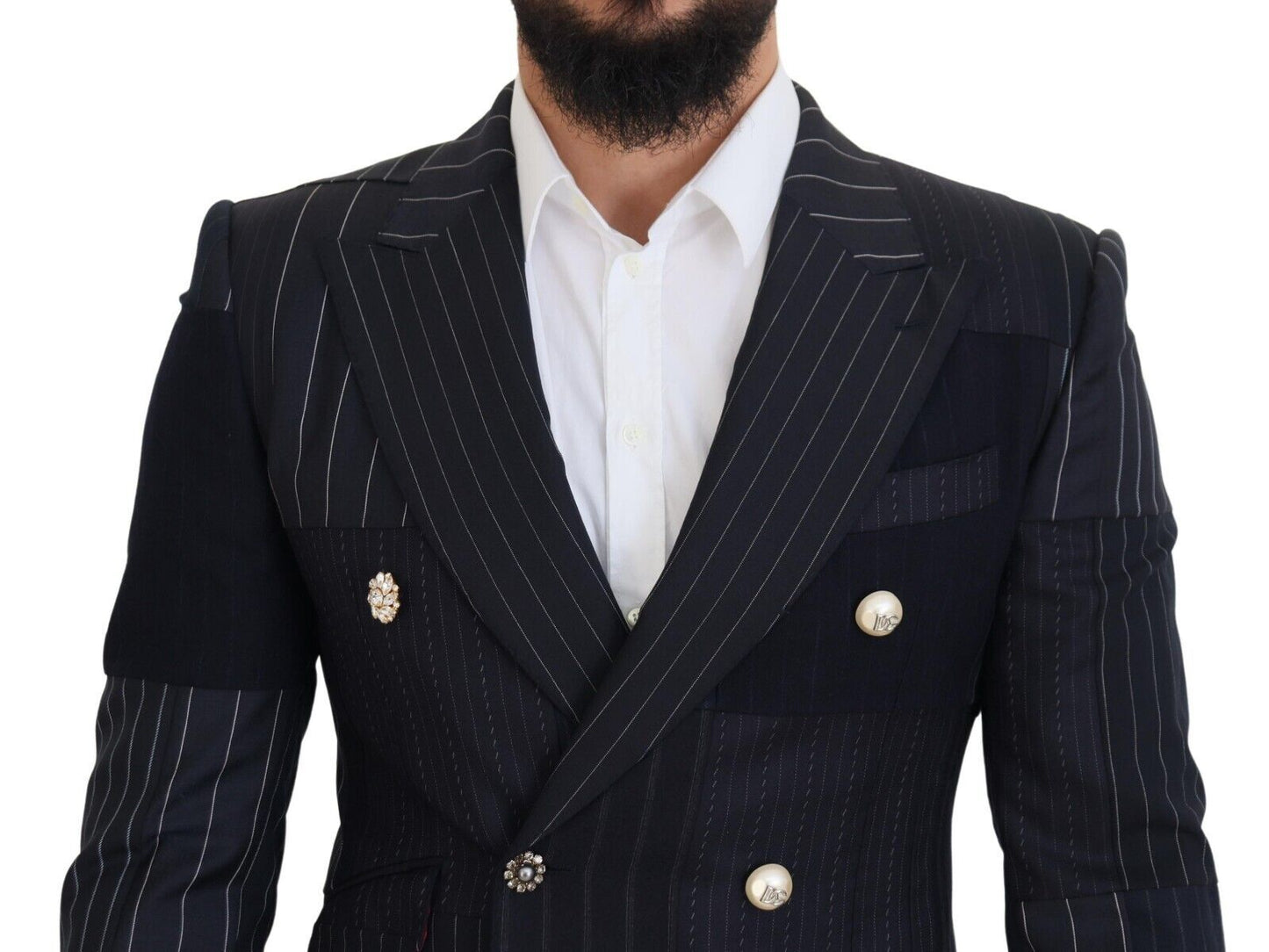  - Navy Blue Double Breasted Slim Fit Blazer