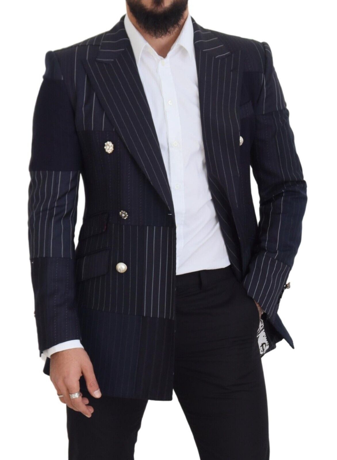  - Navy Blue Double Breasted Slim Fit Blazer