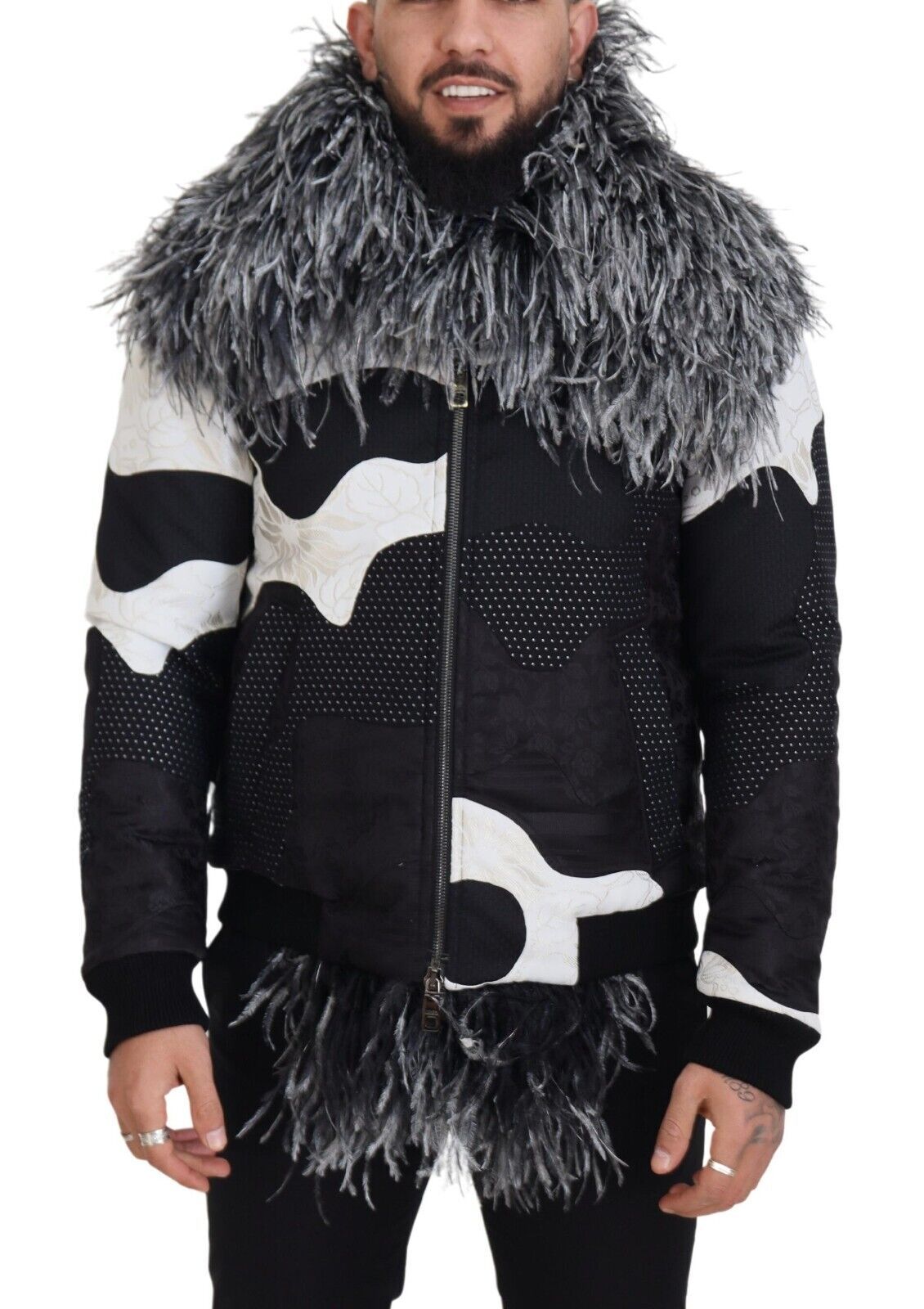 Elegant Shearling Zip Jacket by Dolce & Gabbana in Black & White