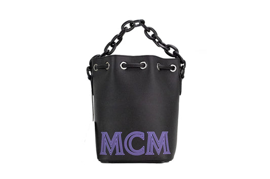  - Mini Black Purple Smooth Leather Chain Shoulder Drawstring Bucket Handbag