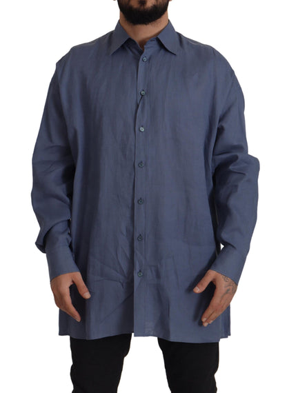  - Elegant Dark Blue Linen Dress Shirt