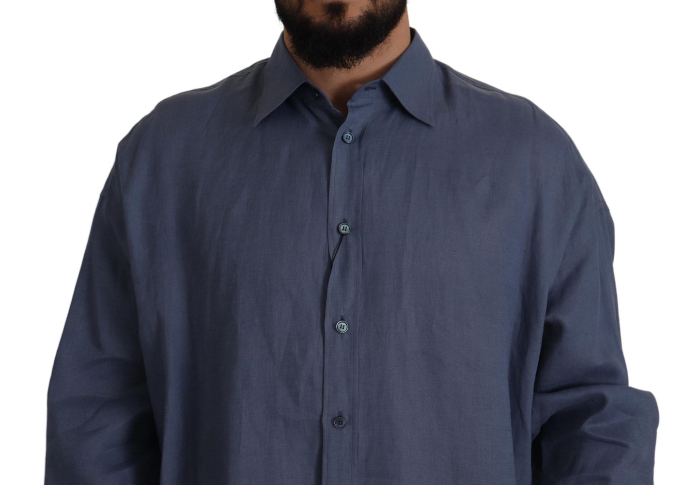  - Elegant Dark Blue Linen Dress Shirt