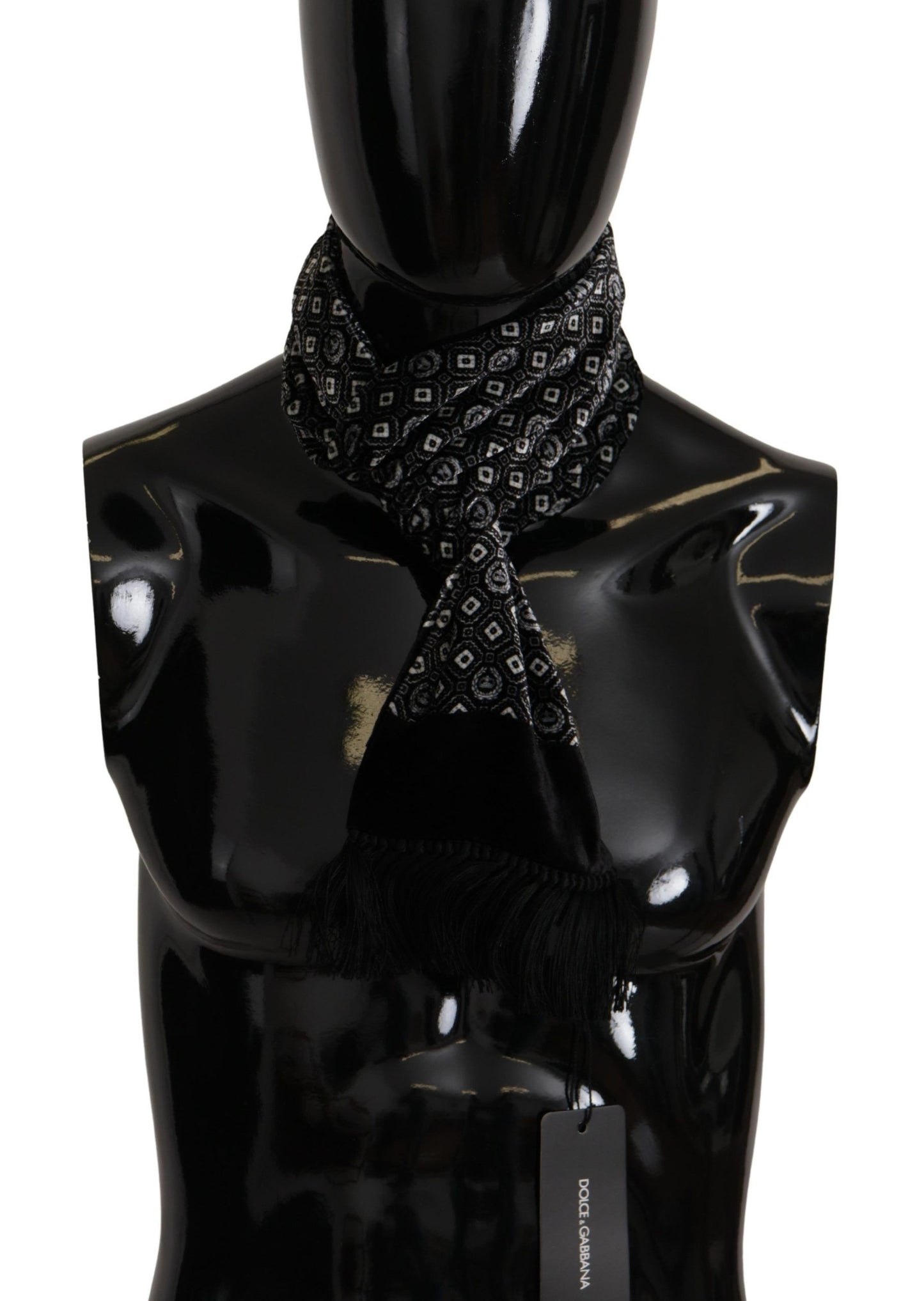  - Elegant Black Geometric Silk Blend Scarf