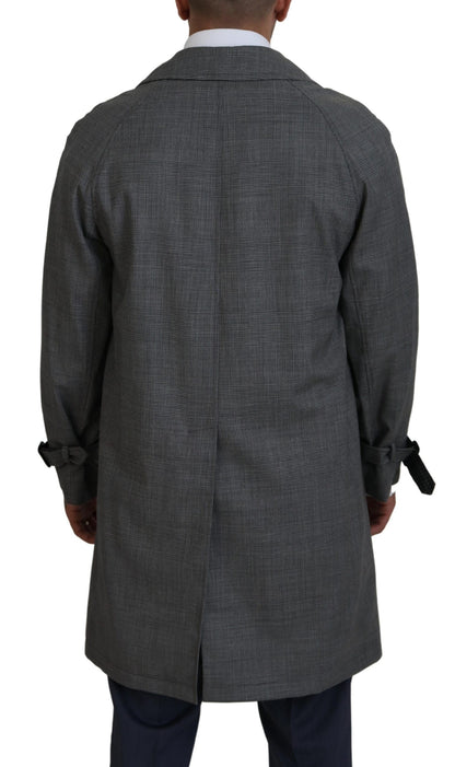  - Elegant Gray Plaid Trench Coat