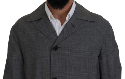  - Elegant Gray Plaid Trench Coat