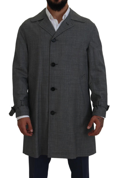  - Elegant Gray Plaid Trench Coat