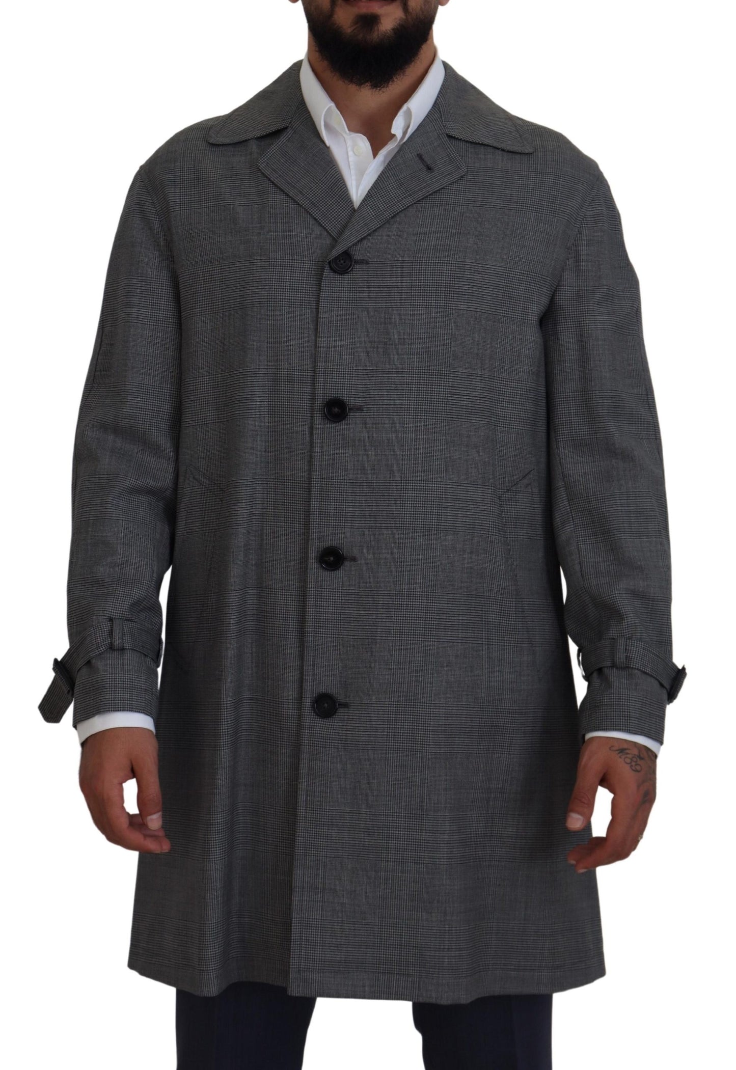  - Elegant Gray Plaid Trench Coat