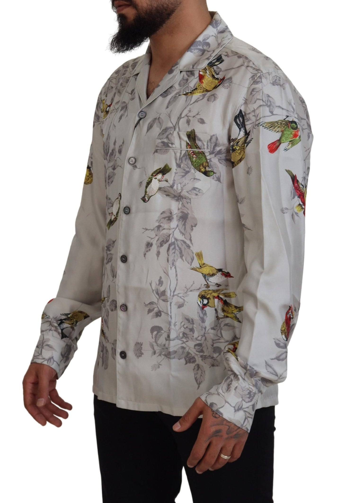  - Elegant Silk Bird Print Casual Shirt