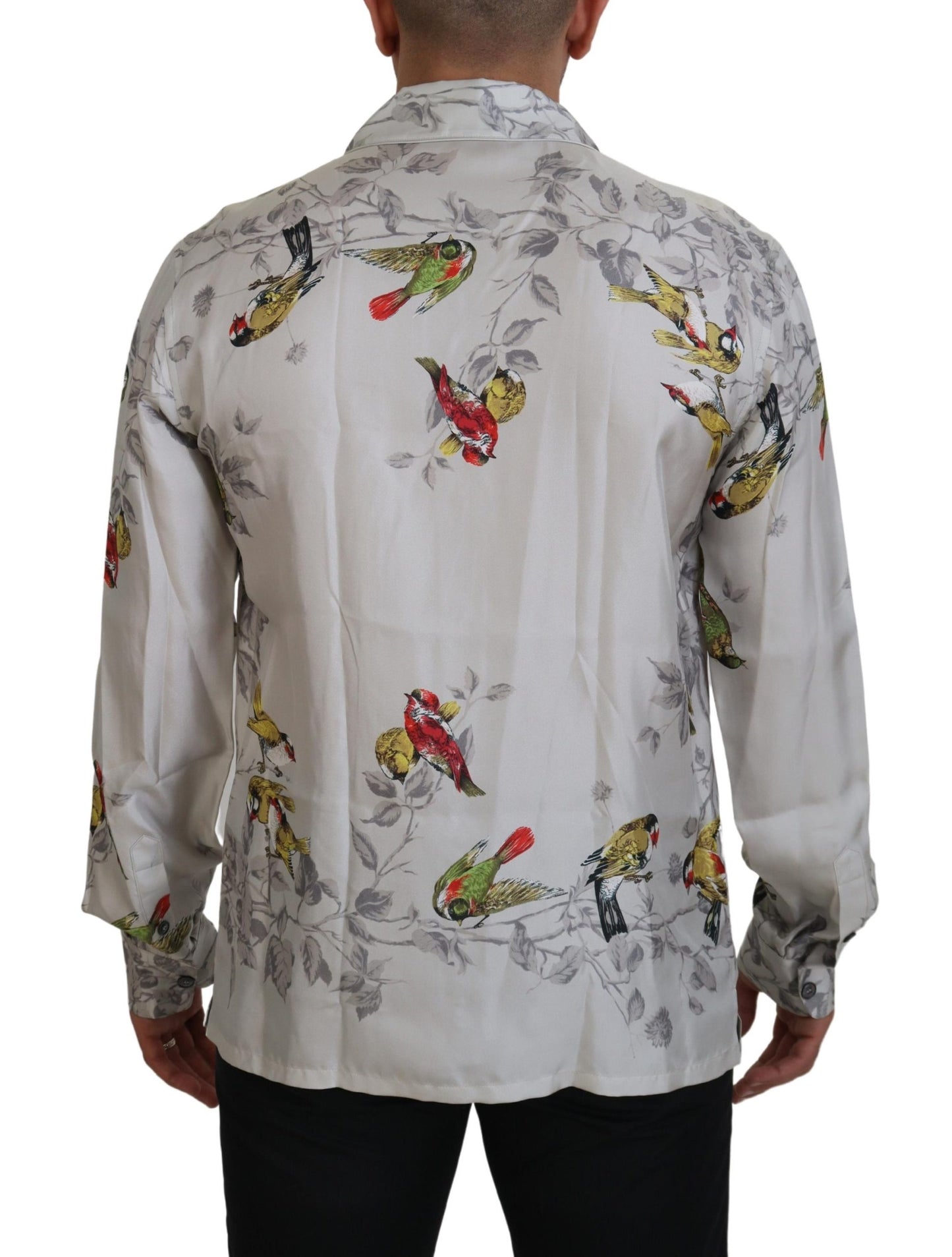  - Elegant Silk Bird Print Casual Shirt