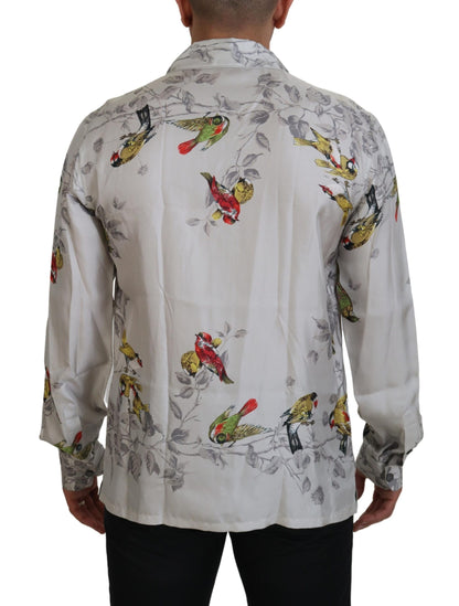  - Elegant Silk Bird Print Casual Shirt