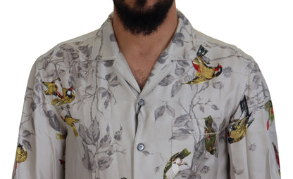  - Elegant Silk Bird Print Casual Shirt