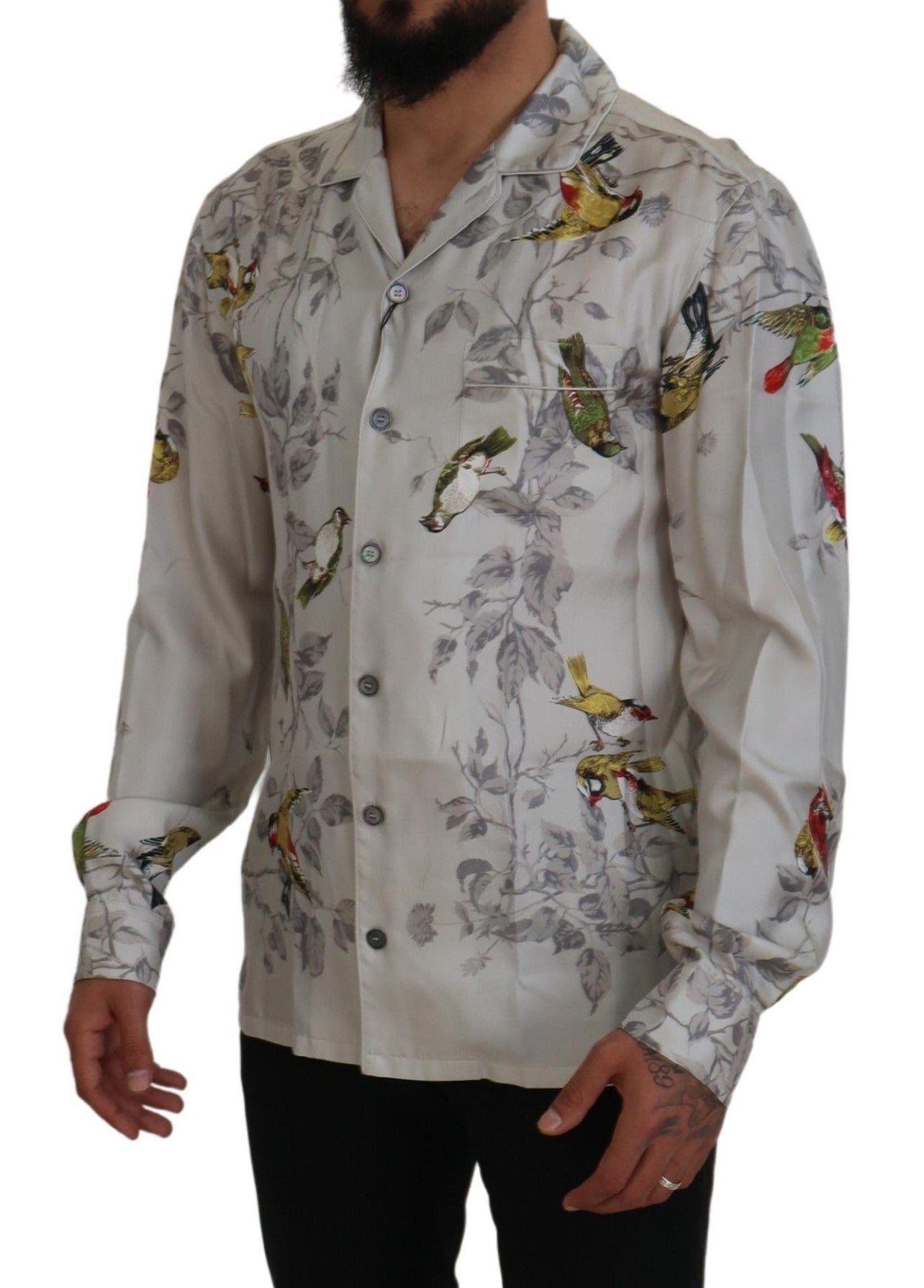  - Elegant Silk Bird Print Casual Shirt