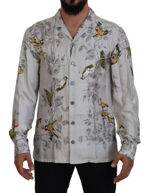  - Elegant Silk Bird Print Casual Shirt