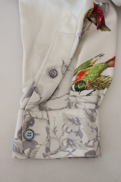  - Elegant Silk Bird Print Casual Shirt