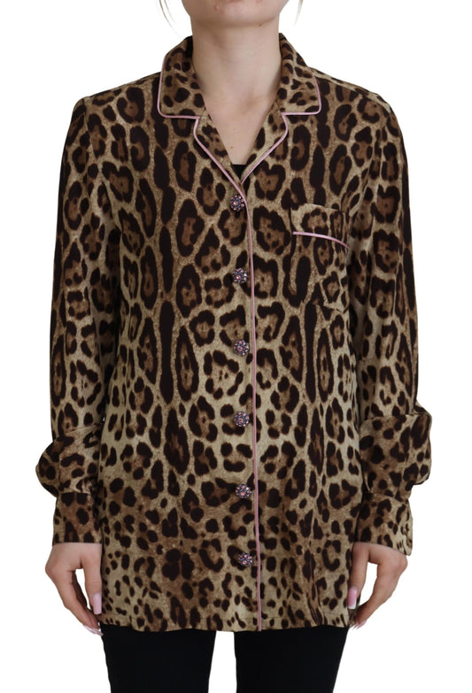  - Elegant Silk Leopard Print Collared Top