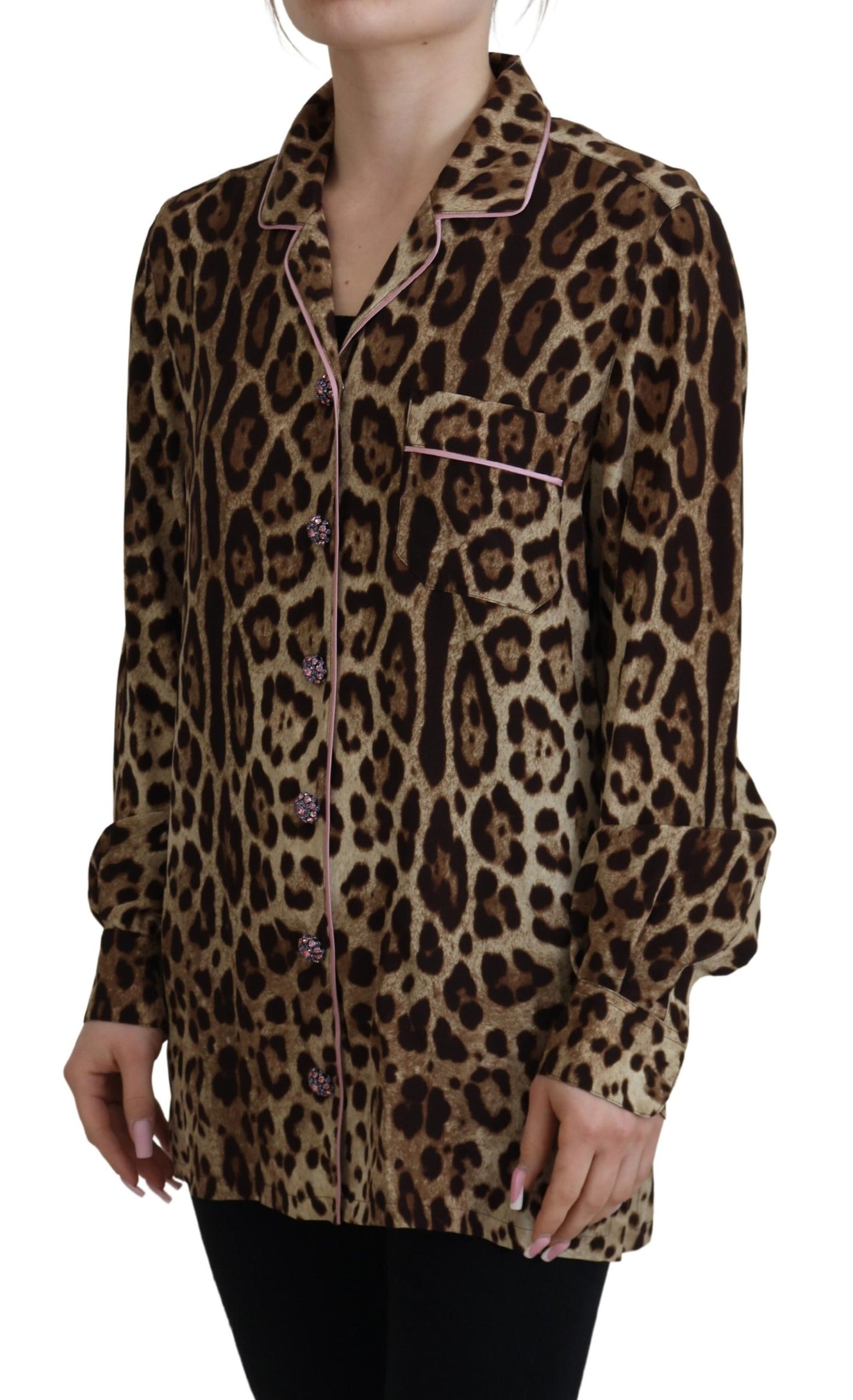  - Elegant Silk Leopard Print Collared Top