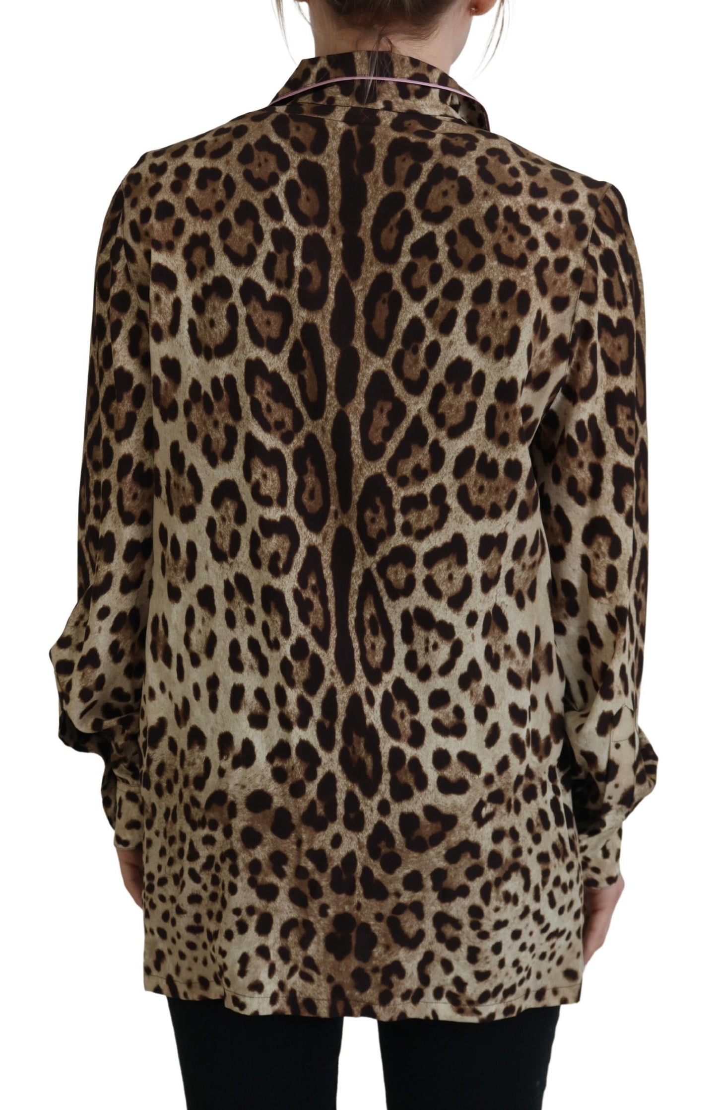  - Elegant Silk Leopard Print Collared Top