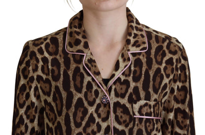  - Elegant Silk Leopard Print Collared Top