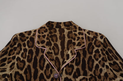  - Elegant Silk Leopard Print Collared Top