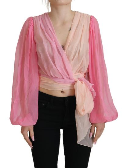  - Silk V-Neckline Wrap Blouse in Pink