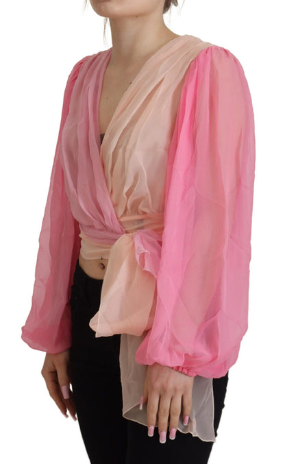  - Silk V-Neckline Wrap Blouse in Pink