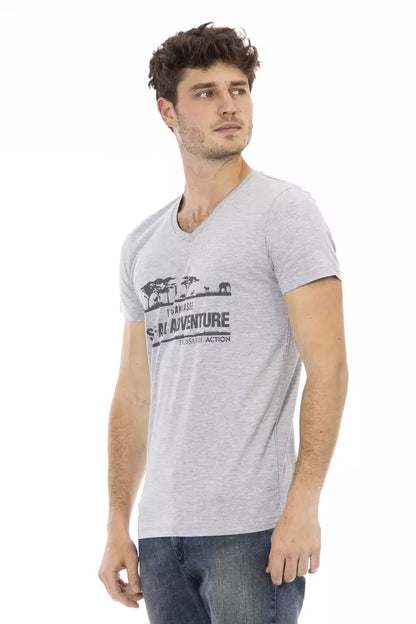  - Gray Cotton Men V-Neck T-Shirt