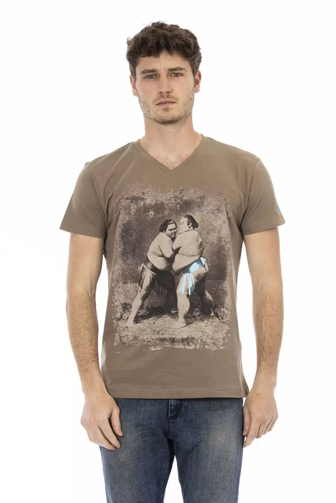  - Brown Cotton Men's V-Neck T-Shirt