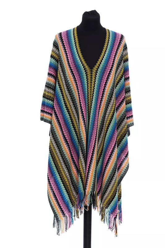 Missoni Multicolored Wool Fringed Geometric Pattern Poncho