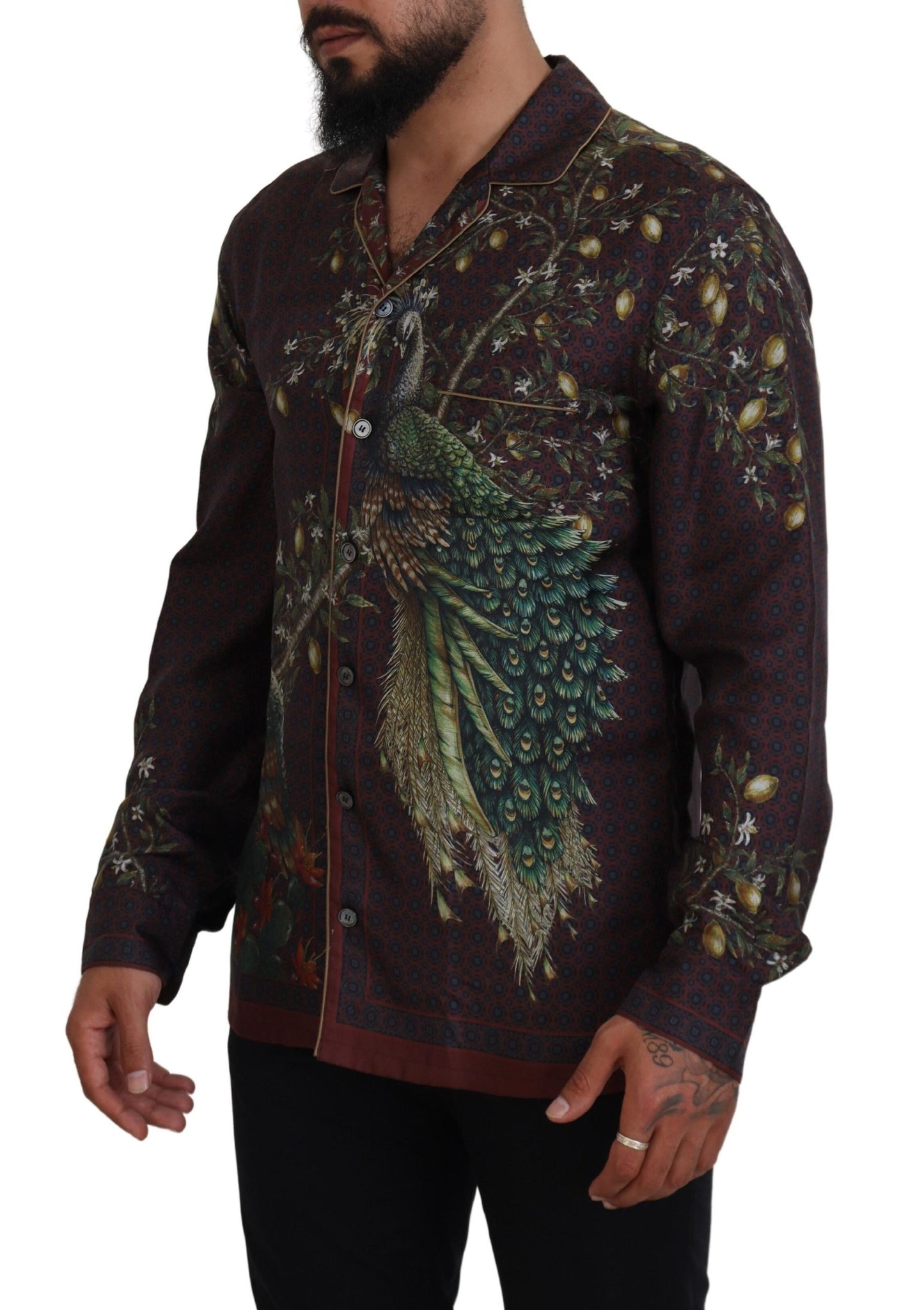  - Ostrich Print Silk Satin Men's Pajama Style Shirt