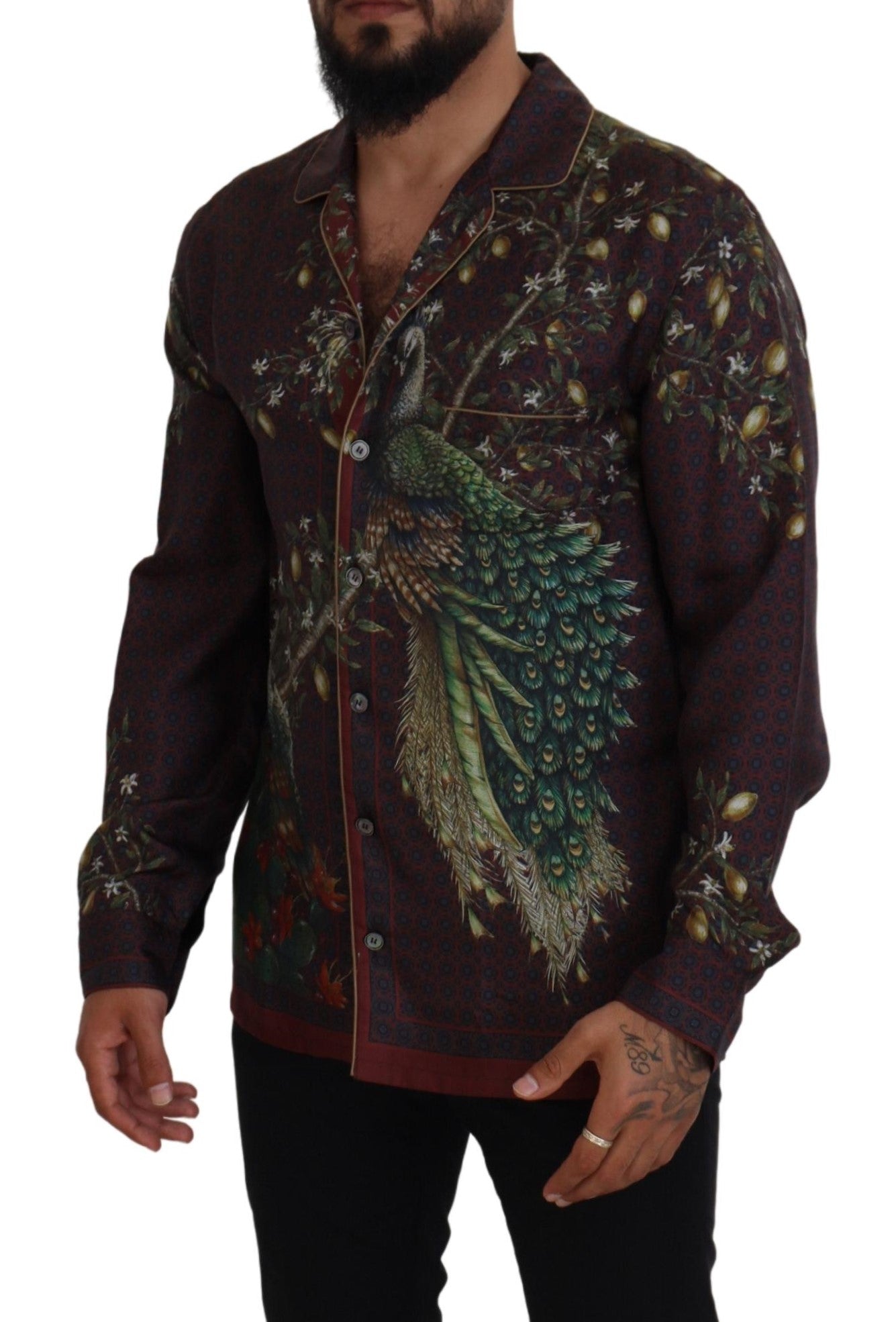 Ostrich Print Silk Satin Men's Pajama Style Shirt